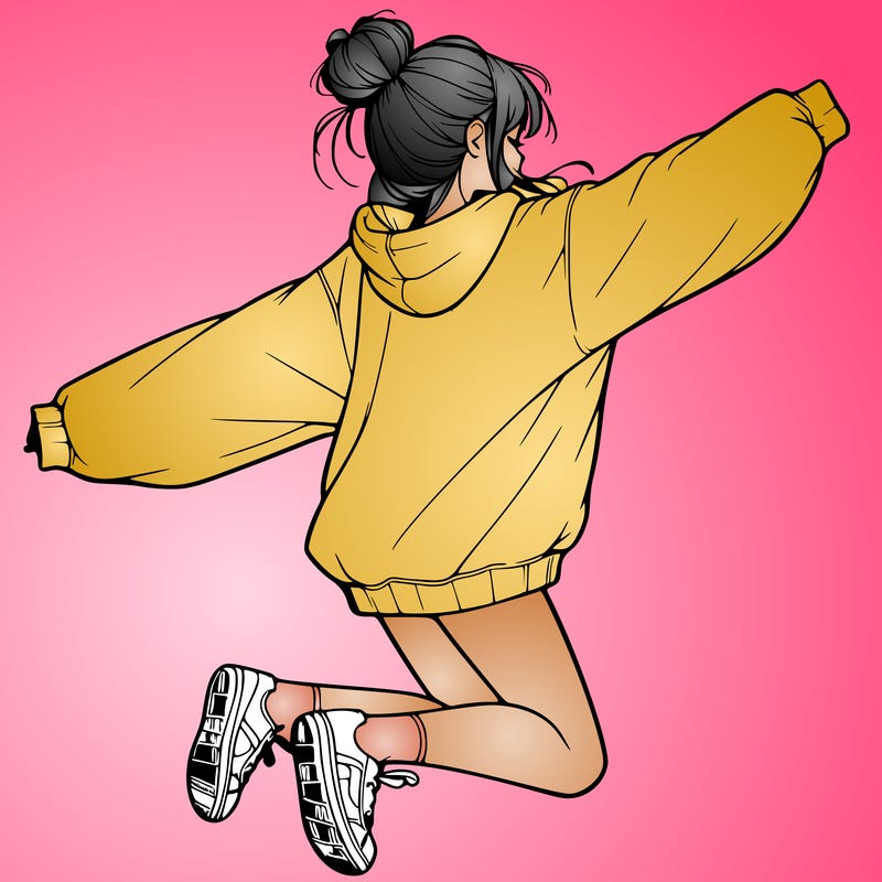 realistic girl jumping with a bun and oversized sweatshirt