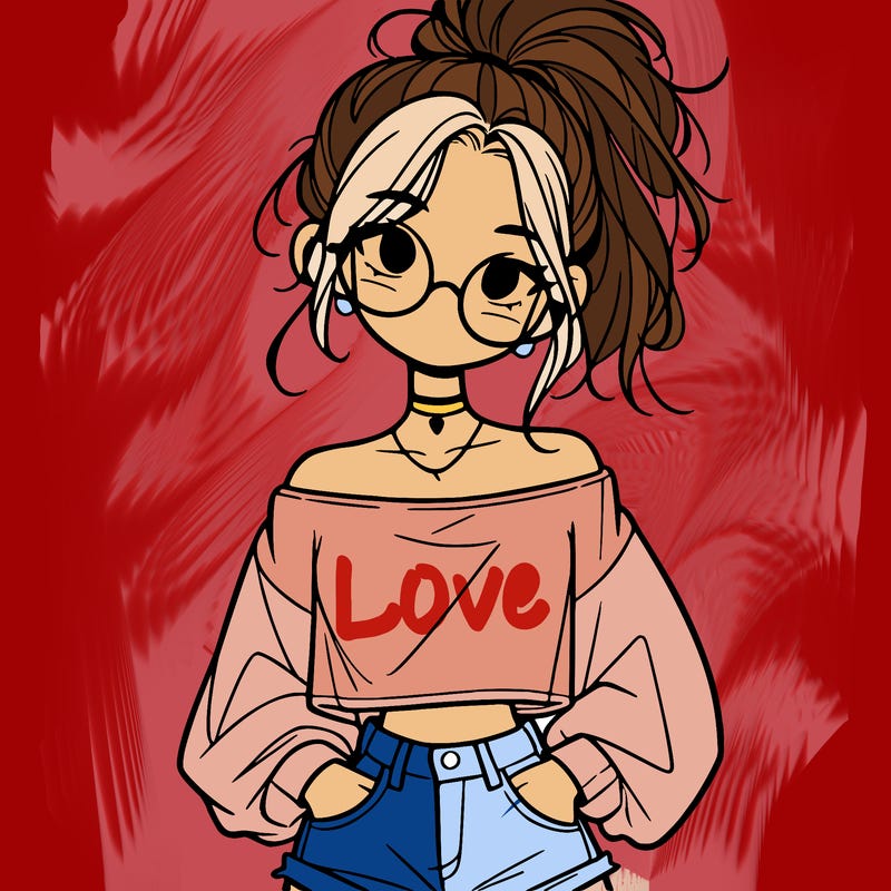 girl with a messy ponytail glasses a baggy crop top and jean shorts
