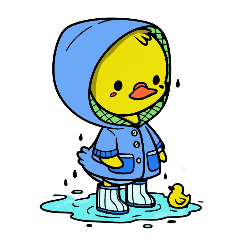 baby duck in a rain coat and boots, in a puddle while it’s raining