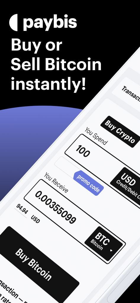 Crypto Wallet, Bitcoin: Paybis - Paybis mobile app screen showing the interface for buying Bitcoin instantly