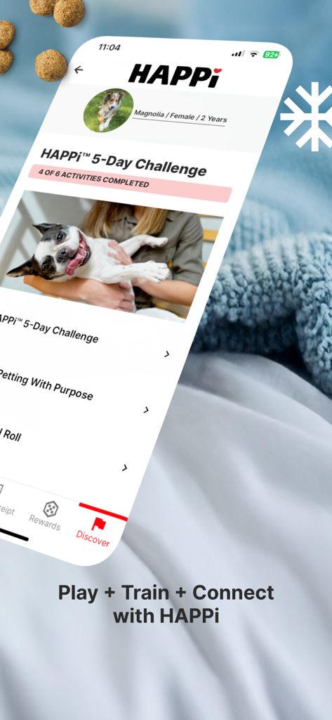 myPurina app interface showing the HAPPi pet bonding and training program features