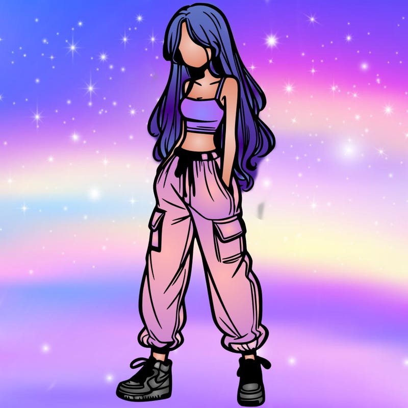 girl in baggy pants crop top and long hair