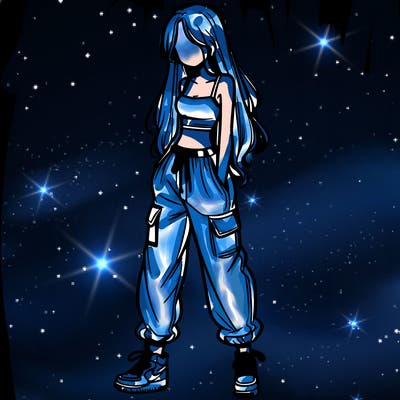 girl in baggy pants crop top and long hair