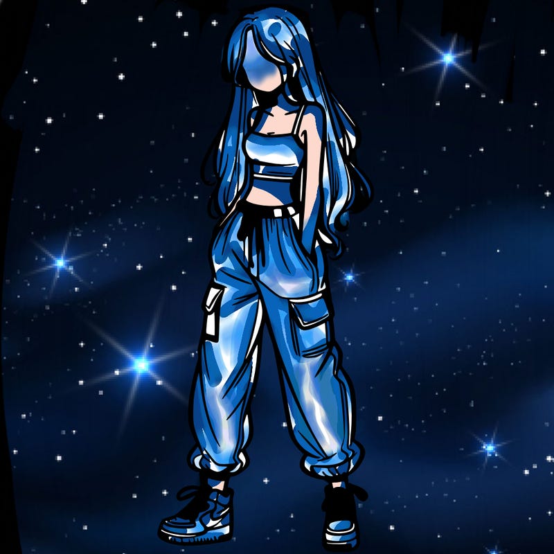 girl in baggy pants crop top and long hair