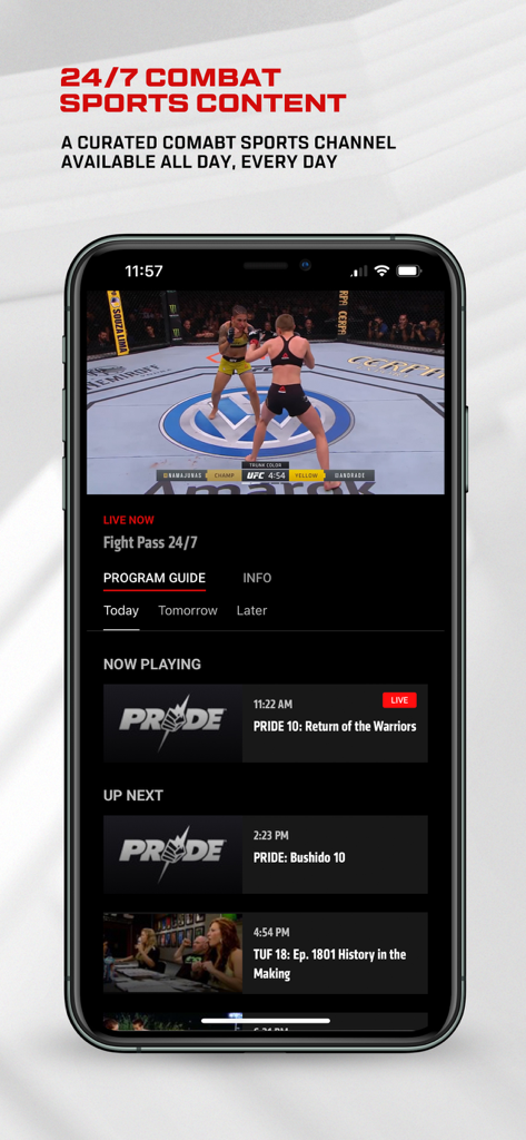 UFC Fight Pass mobile app interface showing a live fight and a 24-7 curated combat sports program guide.