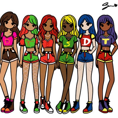 a group of girls wearing crop tops and shorts