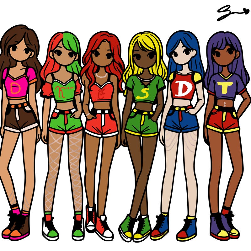 a group of girls wearing crop tops and shorts