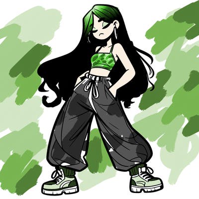 girl in baggy pants crop top and long hair