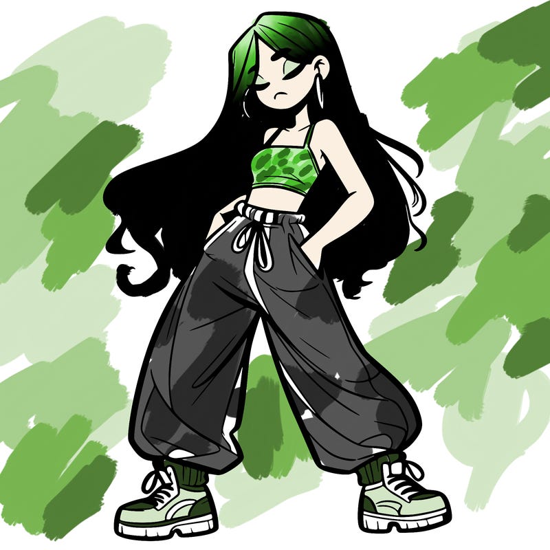 girl in baggy pants crop top and long hair
