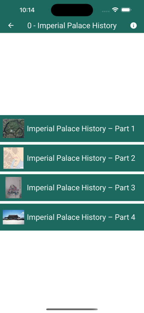 Imperial Palaces Guide - A menu interface in the Imperial Palaces Guide app displaying four sections of historical content with thumbnail images.