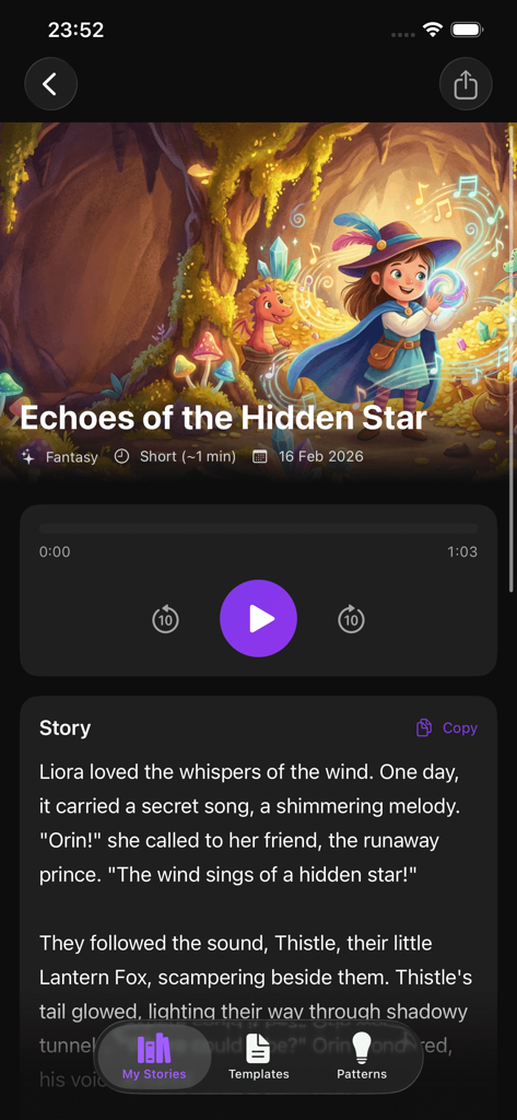 Interface of the Little Story Maker app showing a child fantasy story titled Echoes of the Hidden Star with an audio player and text.