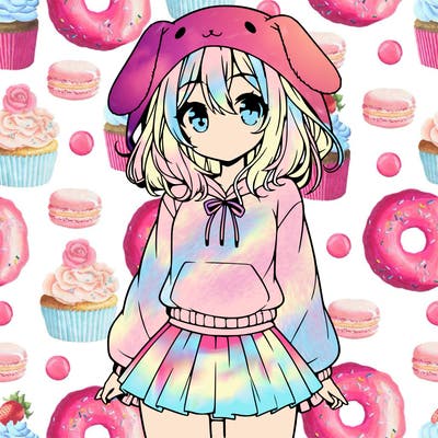 pretty anime girl wearing a fluffy hoodie with bunny ears on the hood and a skirt