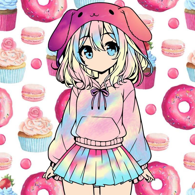 pretty anime girl wearing a fluffy hoodie with bunny ears on the hood and a skirt