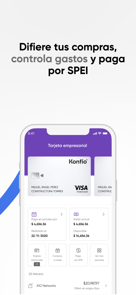 Konfio mobile app interface showing a corporate Visa card with business expense control and payment options in Spanish