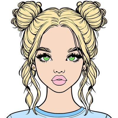 realistic girl with two buns in hair and lips