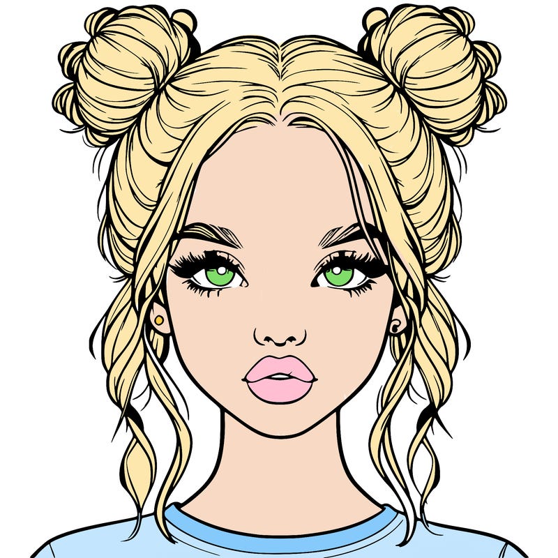realistic girl with two buns in hair and lips