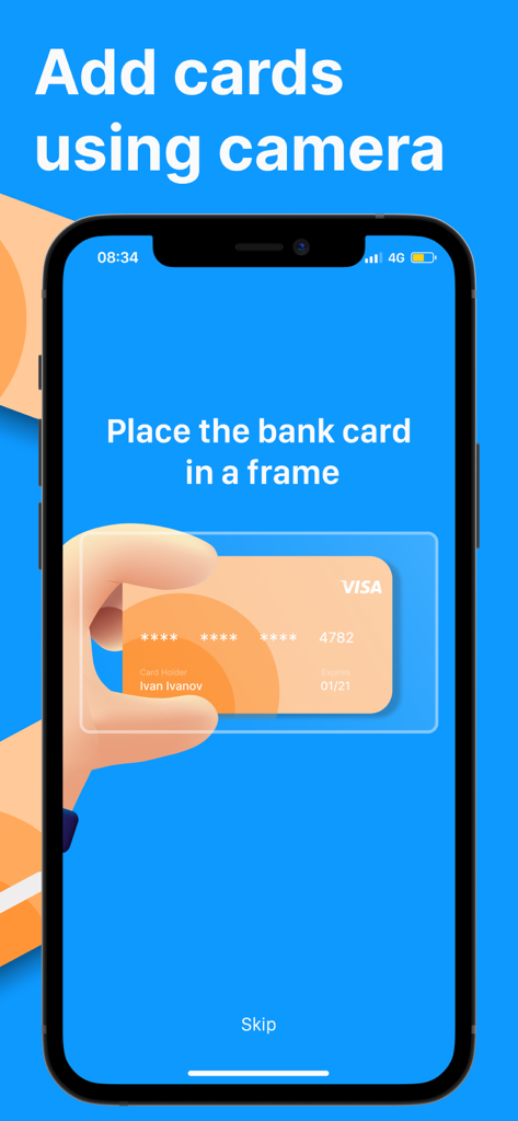 Secure Card Manager & Wallet - Interfaz de la aplicación Secure Card Manager que muestra la función de agregar tarjeta usando la cámara