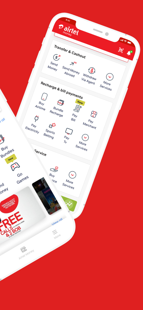 My Airtel Africa - L'application Mon Airtel Afrique montrant les services de transfert d'argent et de paiement de factures.