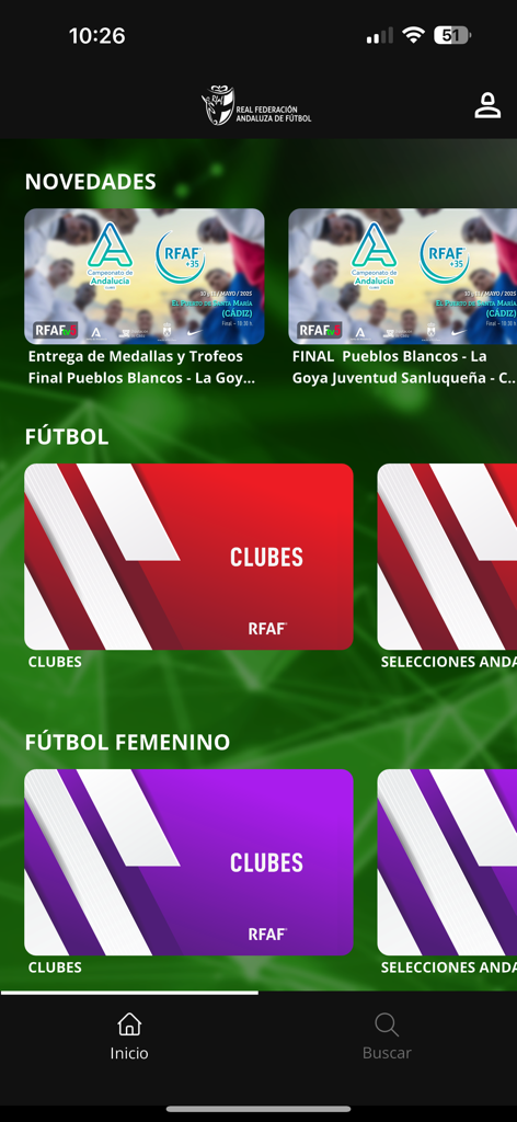 Pantalla de inicio de la aplicación RFAF TV mostrando noticias de fútbol y categorías