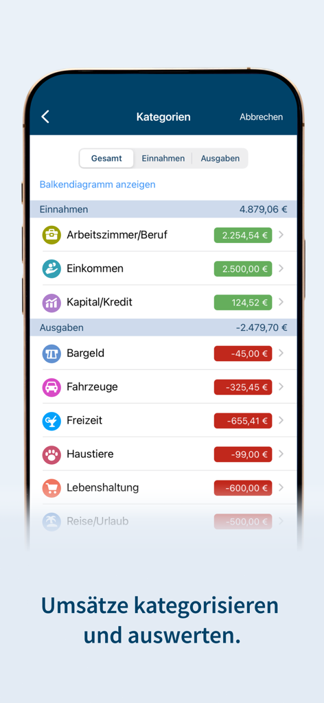 Oberfläche der StarMoney-App, die kategorisierte Einnahmen und Ausgaben mit farbkodierten Werten anzeigt
