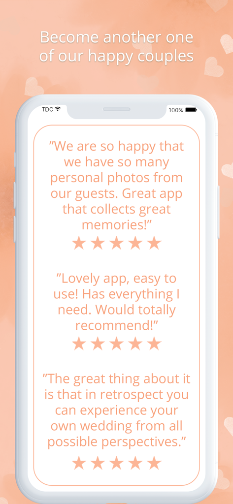 Wedding photo app by Wedbox - Smartphone screen displaying positive five-star user reviews and testimonials for the Wedbox wedding photo app
