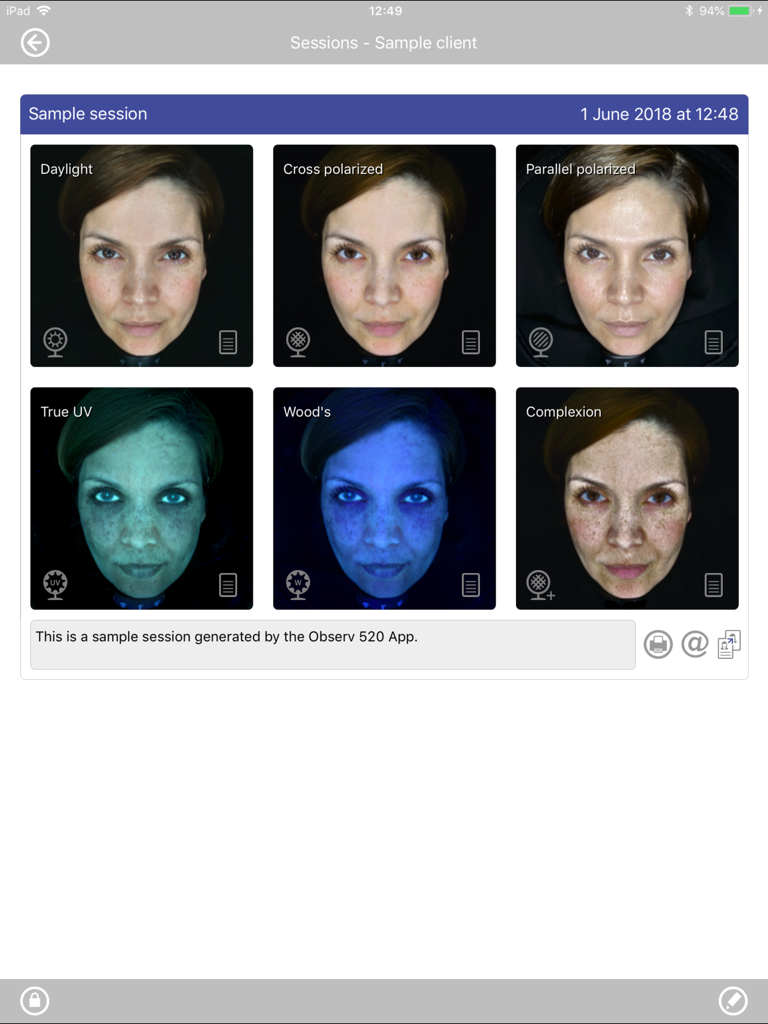 OBSERV 520 - A grid display of six professional skin analysis imaging modes in the OBSERV 520 app including UV and polarized light views