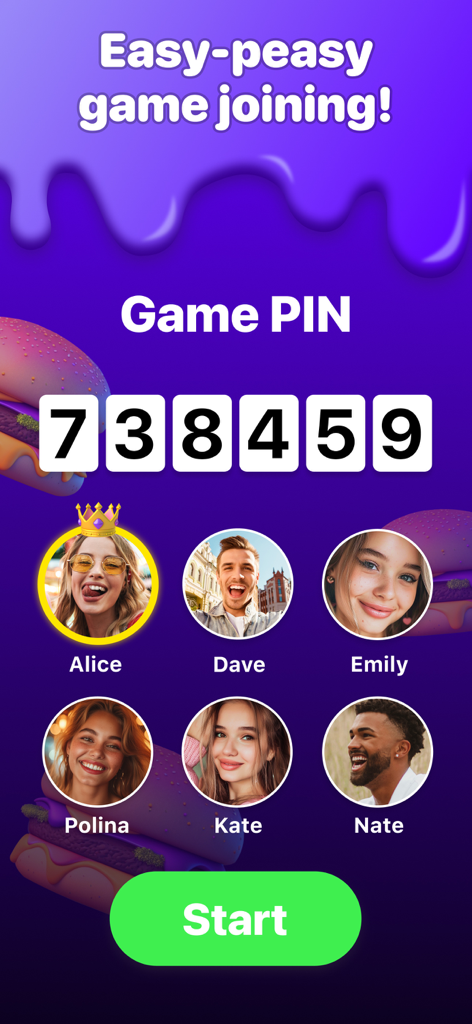 L'écran de l'application Party Lab montrant un code PIN de jeu et les profils de six joueurs prêts à commencer la partie.