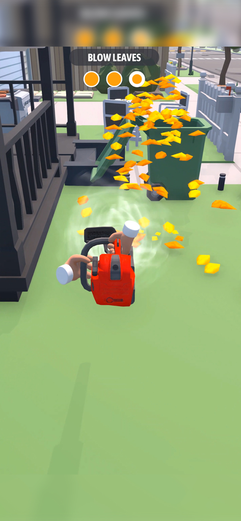 Cleaning Games: Clean It All - Gameplay view of a player using a red leaf blower to clear yellow leaves into a green bin in a suburban backyard.