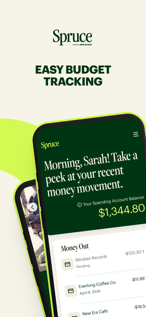 Spruce mobile banking app dashboard showing spending account balance and recent transaction history for easy budget tracking.