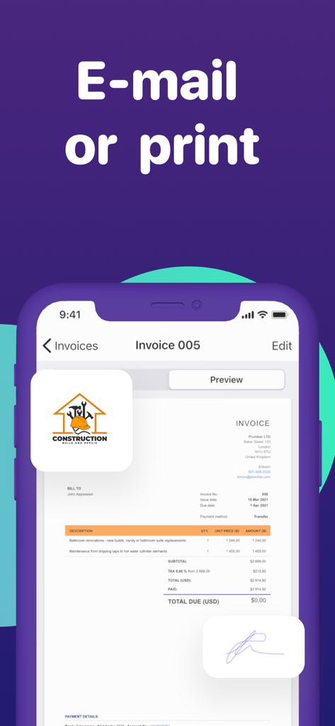 署名付きのプロフェッショナルなデジタル請求書を表示し、メールまたは印刷できるモバイルアプリ画面