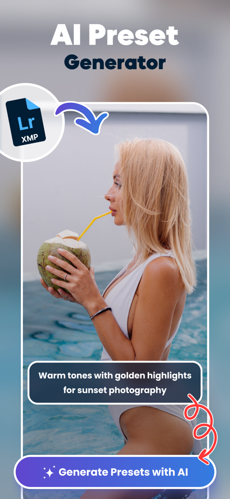 Presets for Lightroom : LRP AI - Pantalla de la aplicación móvil mostrando un generador de presets de IA para Lightroom creando tonos cálidos de atardecer para una foto de estilo de vida