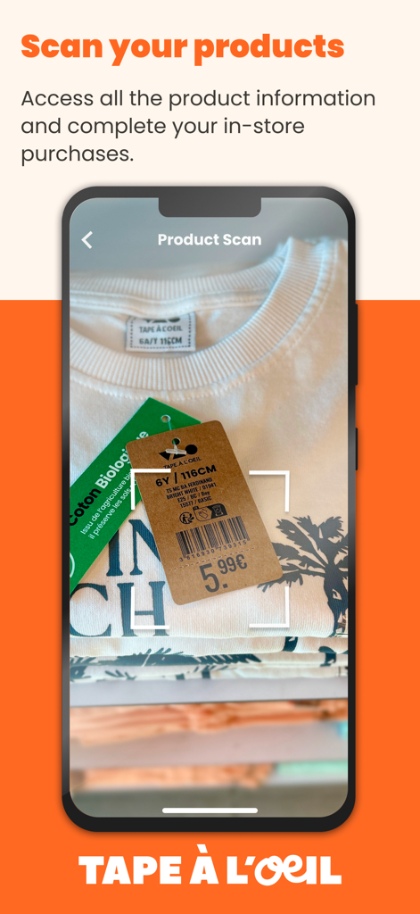 Tape à l'oeil - Kids Clothing - Mobile app screen showing a barcode scanner feature to access kids clothing details and reviews