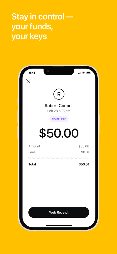 Sentz – The Global Payment App - Sentz mobile app showing a completed payment receipt for fifty dollars with a self-custody message
