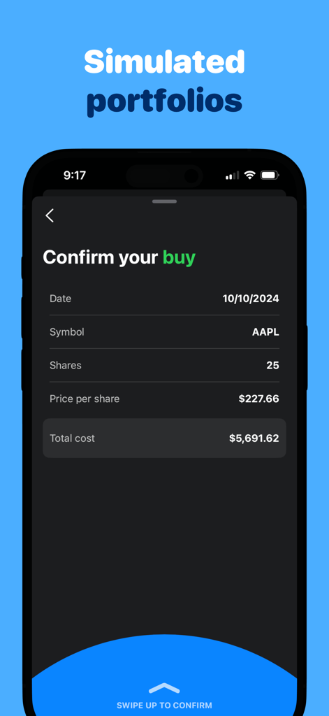 Genius: Stock Market Tracker - Trade confirmation screen for a simulated stock purchase of Apple shares in the Genius app
