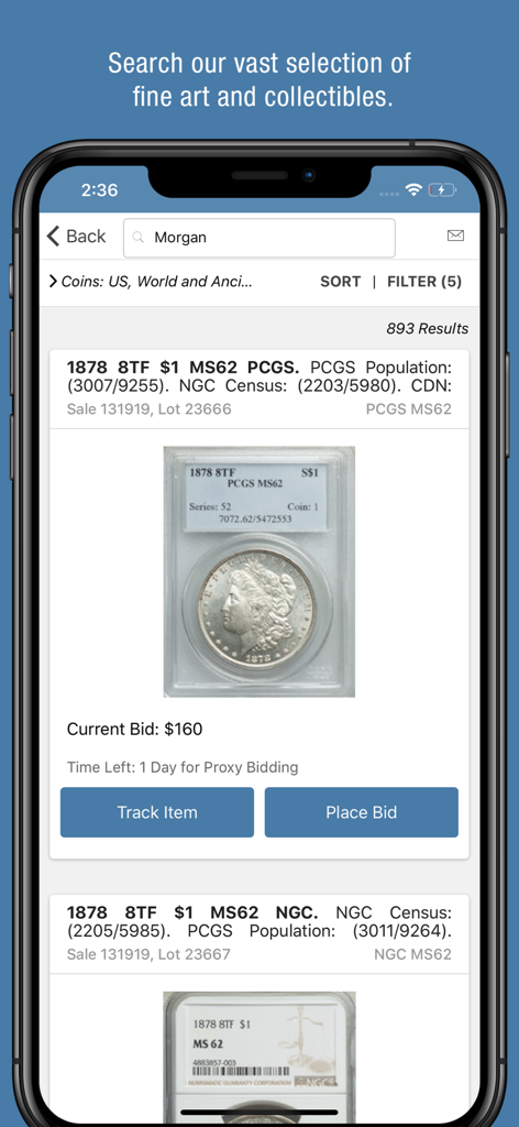 Heritage Auctions - Pantalla de la aplicación Heritage Auctions mostrando una rara moneda de plata Morgan de 1878 en subasta.