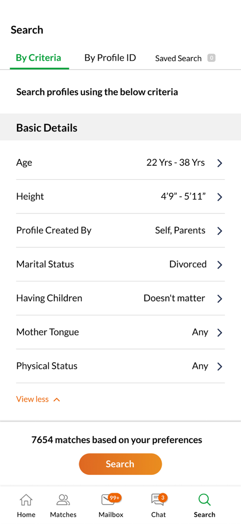 KannadaMatrimony: Marriage App - Search screen of the KannadaMatrimony app showing filters for age, height, and marital status to find matches