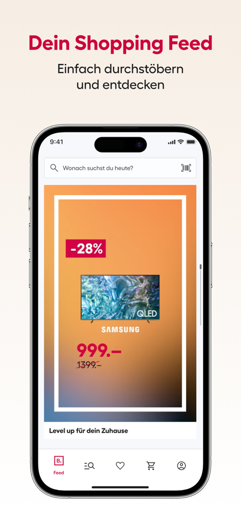 Brack online shop app interface showing a shopping feed with a discounted Samsung TV