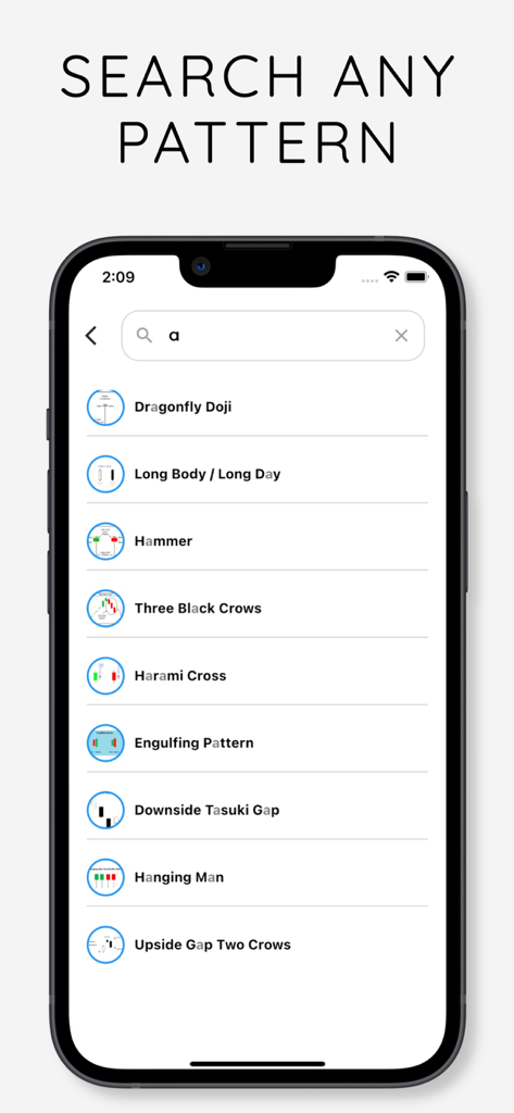 Candlestick Patterns : Learn - Mobile screen showing a search for candlestick patterns like Hammer and Dragonfly Doji