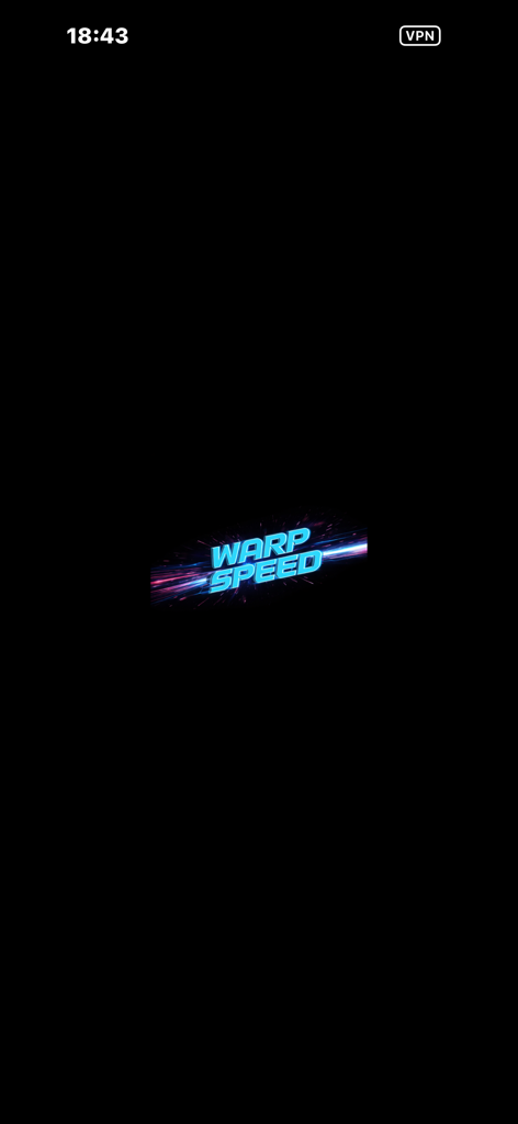 Pantalla de inicio de la aplicación de prueba de velocidad de internet Warp Speed con un logo azul brillante sobre un fondo negro