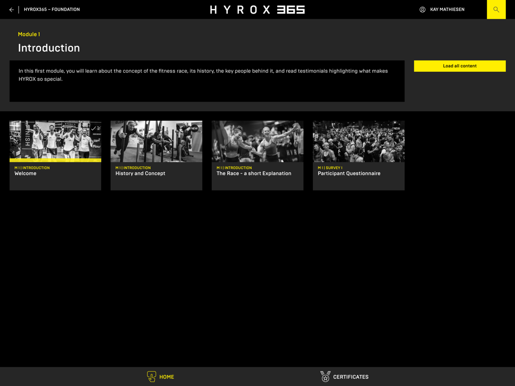 HYROX Academy for iPad - Interface of the HYROX Academy app on iPad displaying the introduction module and training units like History and Concept