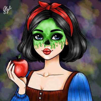 a woman with medium short hair, wearing a headband with a small bow, carrying an apple in her hand, realistic