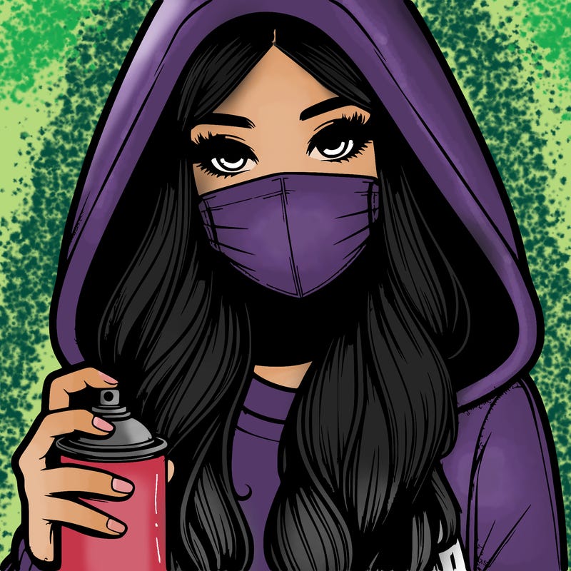 girl wearing a mask with long hair with her hood up spray-painting realistic