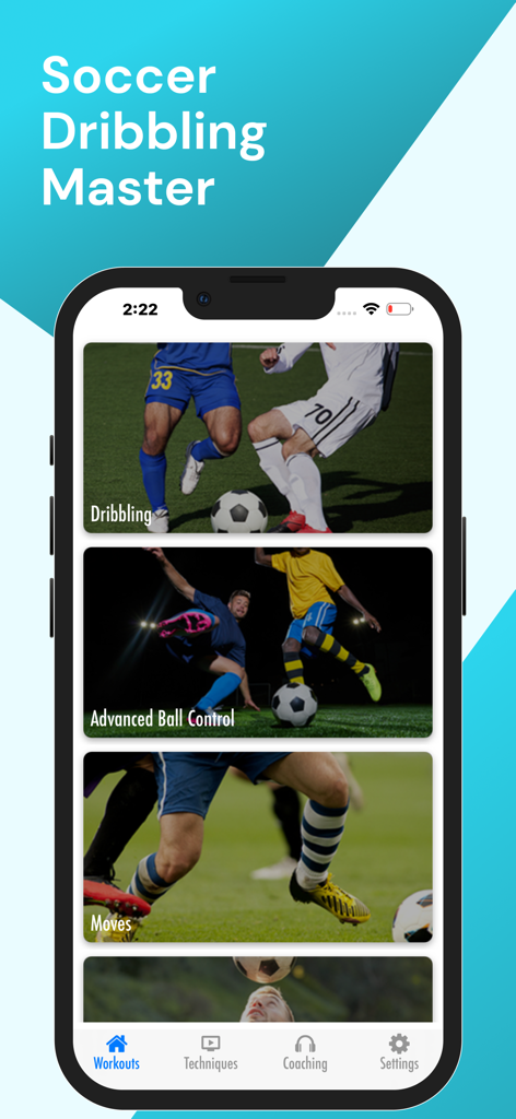 Soccer Dribbling Master - Interfaz de la aplicación Maestro del Regate que muestra categorías de entrenamiento para regate y control de balón avanzado