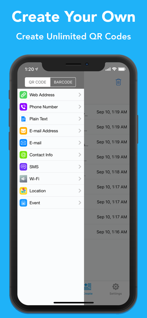 Interface showing options to generate QR codes for websites, phone numbers, and contact info