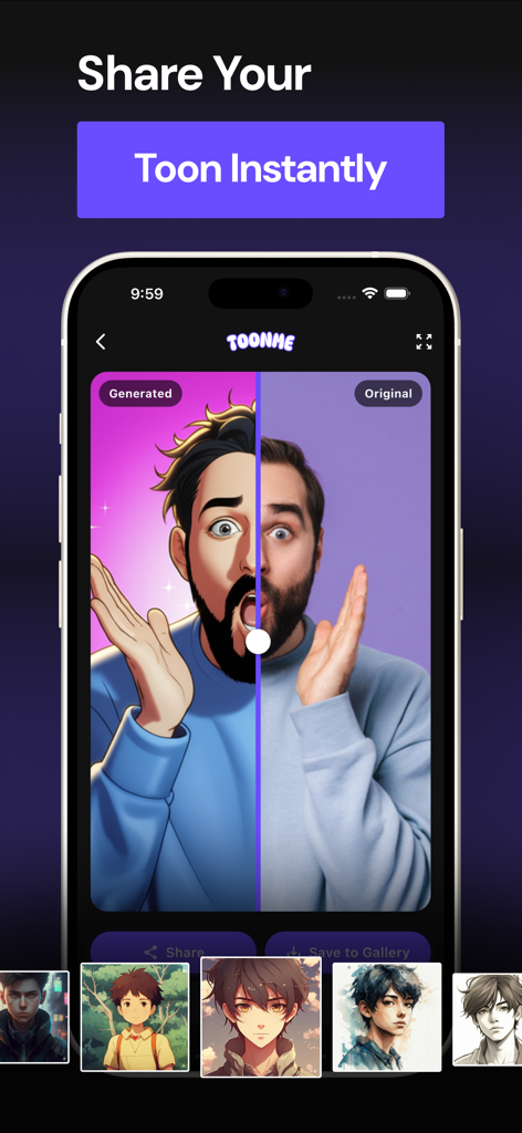 Cartoon Yourself Toonify - A mobile phone screen showing a split-screen comparison of a man and his AI-generated cartoon version with a share button