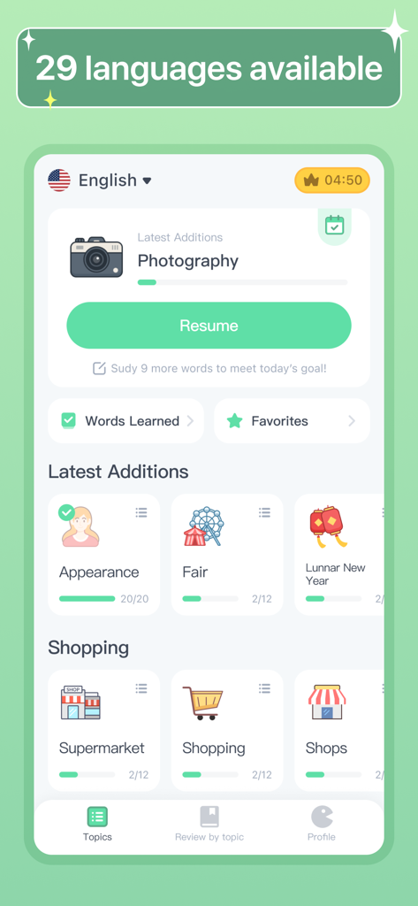 HelloWords Learn Languages Fun - HelloWords app screen showing vocabulary topics and the 29 available languages