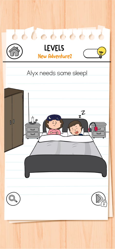 Gameplay screenshot of Brain Test 3 Level 5 showing Alyx trying to sleep in a bedroom puzzle