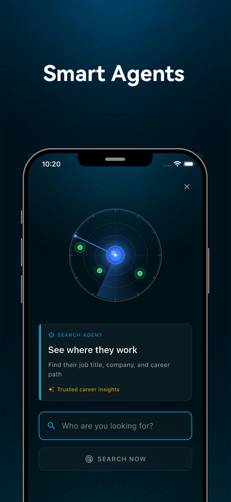 PrimeSearch app UI showing Smart Agents feature for career and professional background research