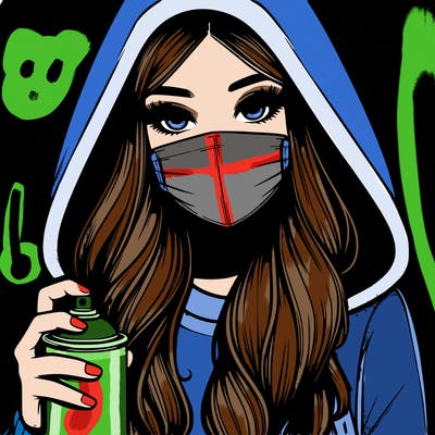 girl wearing a mask with long hair with her hood up spray-painting realistic