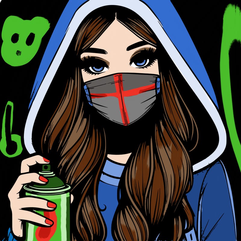 girl wearing a mask with long hair with her hood up spray-painting realistic